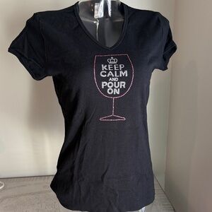 Chic Black Graphic Sparkle Tee with Wine Glass Design. Sz XL will fit a M on up